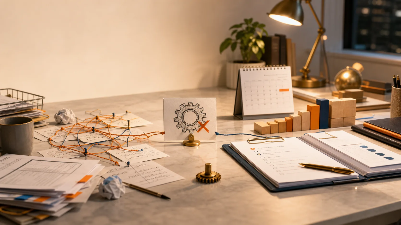 Consulting proposals, tangled operating notes, project blocks, and a business problem gear on a warm owner desk.