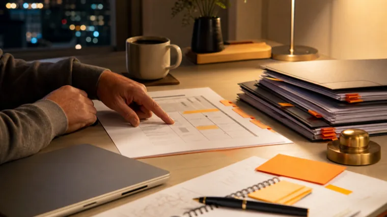 Consulting proposal and marked papers on a desk before the owner signs.