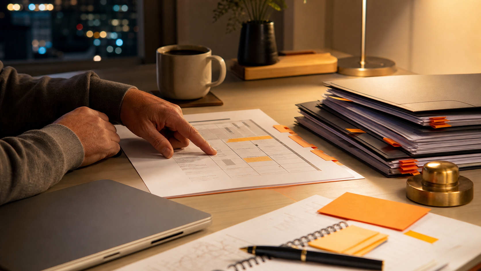 Warm late-night owner desk with proposal stack, business problem sheet, orange tabs, and a hand pointing at the unresolved decision.