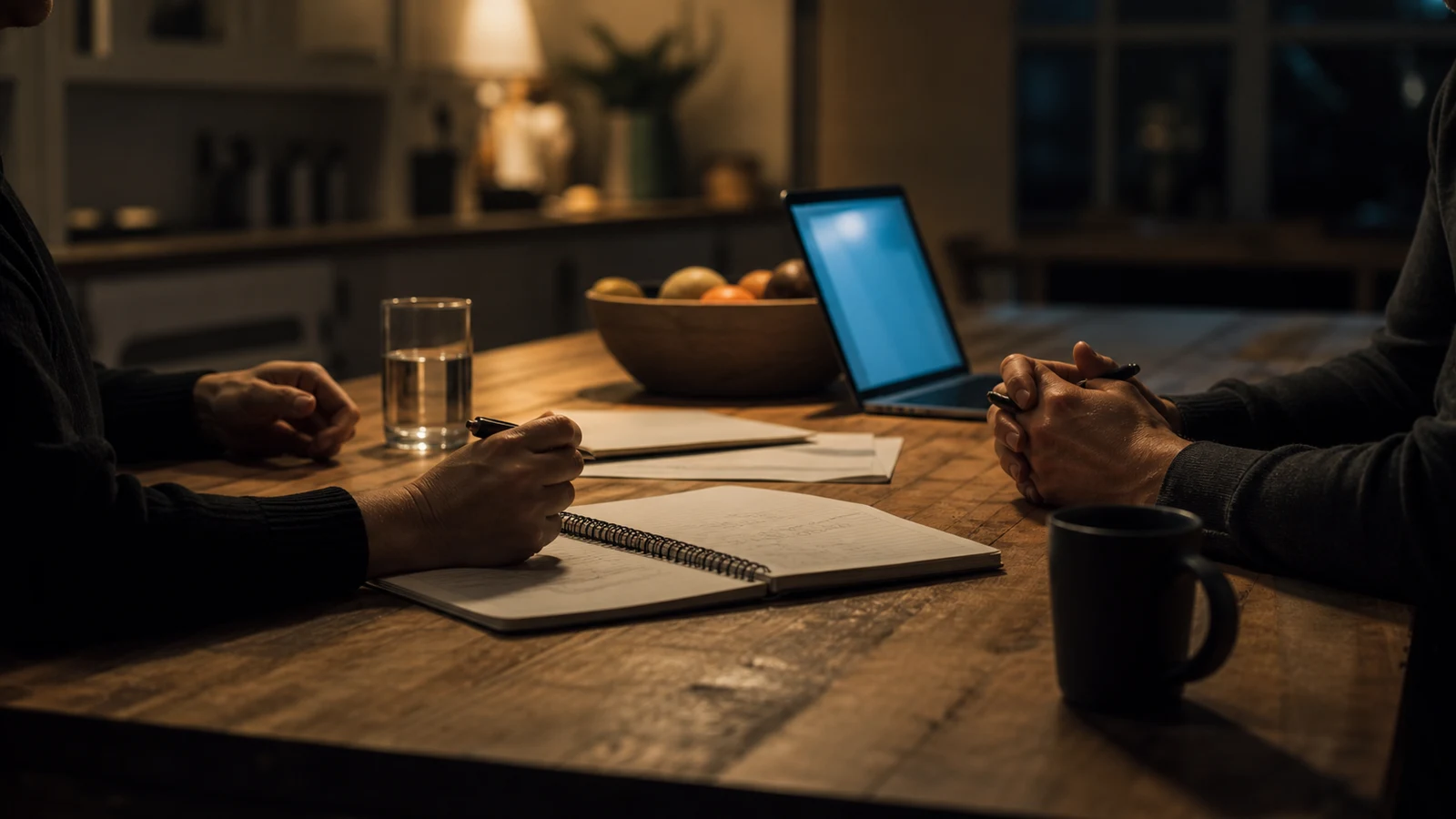 Two adults at an evening kitchen table with one shared notebook during a serious household and business planning conversation.