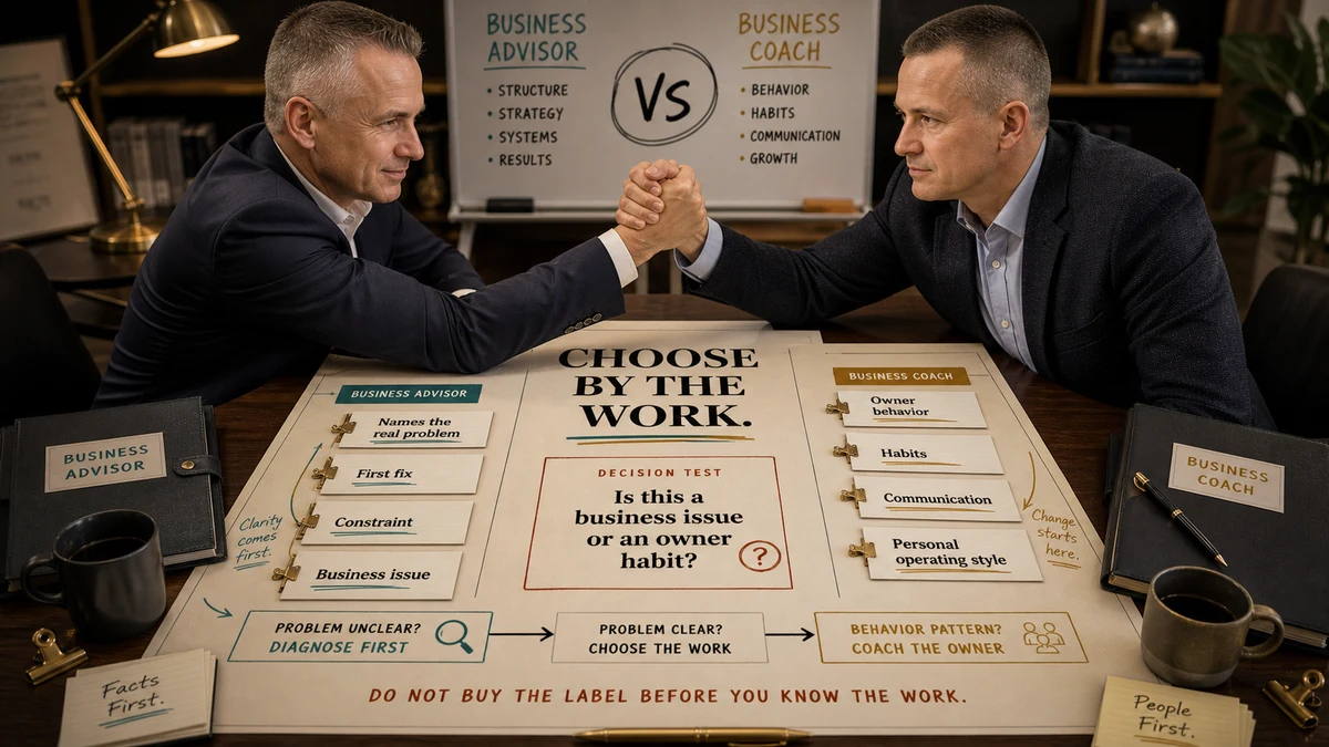 Premium bright business review board comparing business advisor and business coach by the work each one should actually do.