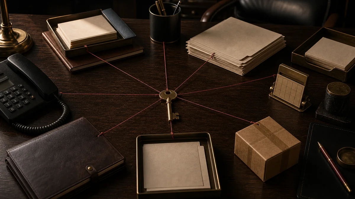 Dark desk scene with red threads from business objects tied to a single key.