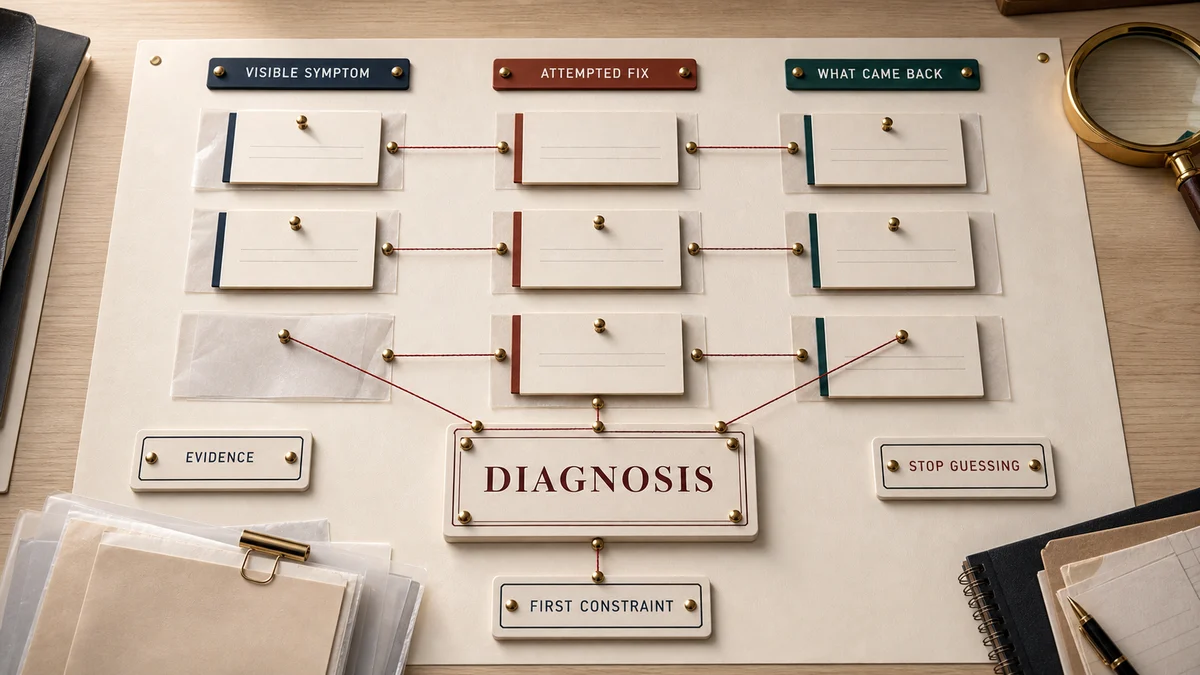 Premium business review board with evidence cards, repeated fixes, owner pressure, and one first-constraint plate sorted into a clean business owner coaching.