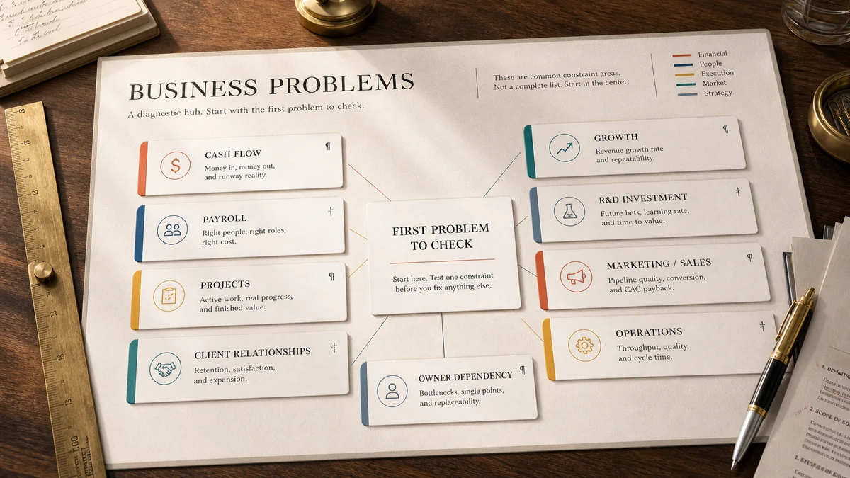 Premium bright business review board showing common owner problems: cash flow, payroll, projects, client relationships, growth, R&D investment, marketing and sales, operations, and owner dependency sorted around one first problem to check.