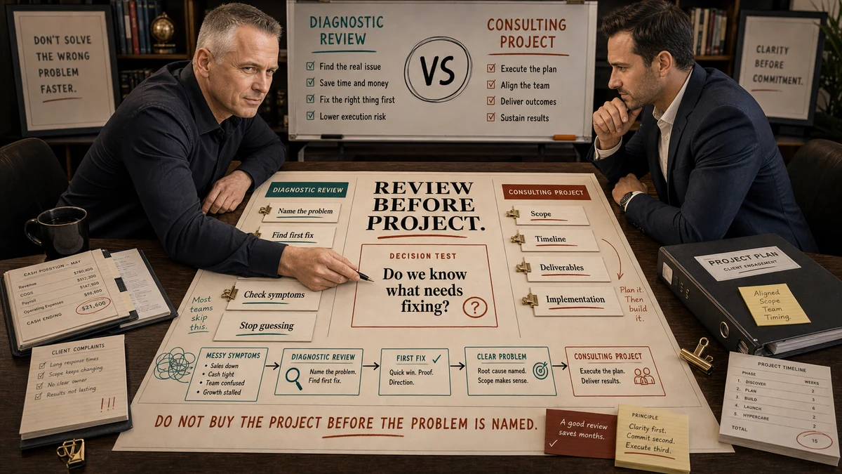A business review checkpoint revealing a hidden crack before a larger consulting project starts.