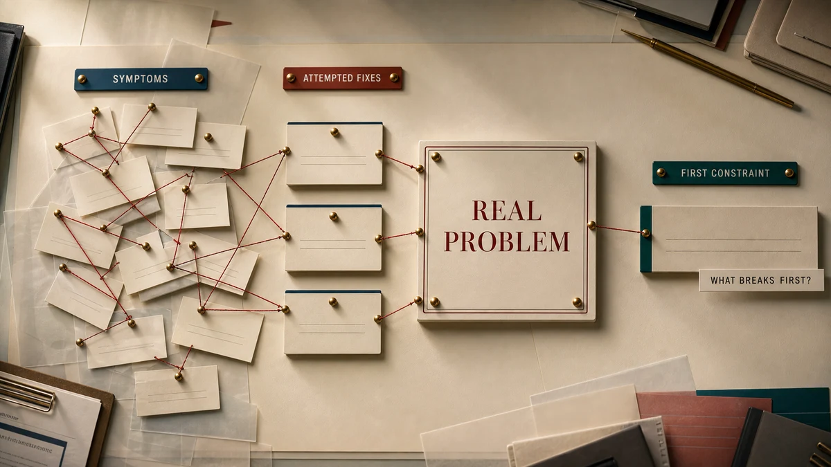 Premium business review board where messy symptoms and attempted fixes are sorted into one real business problem, with a clear first-constraint test.