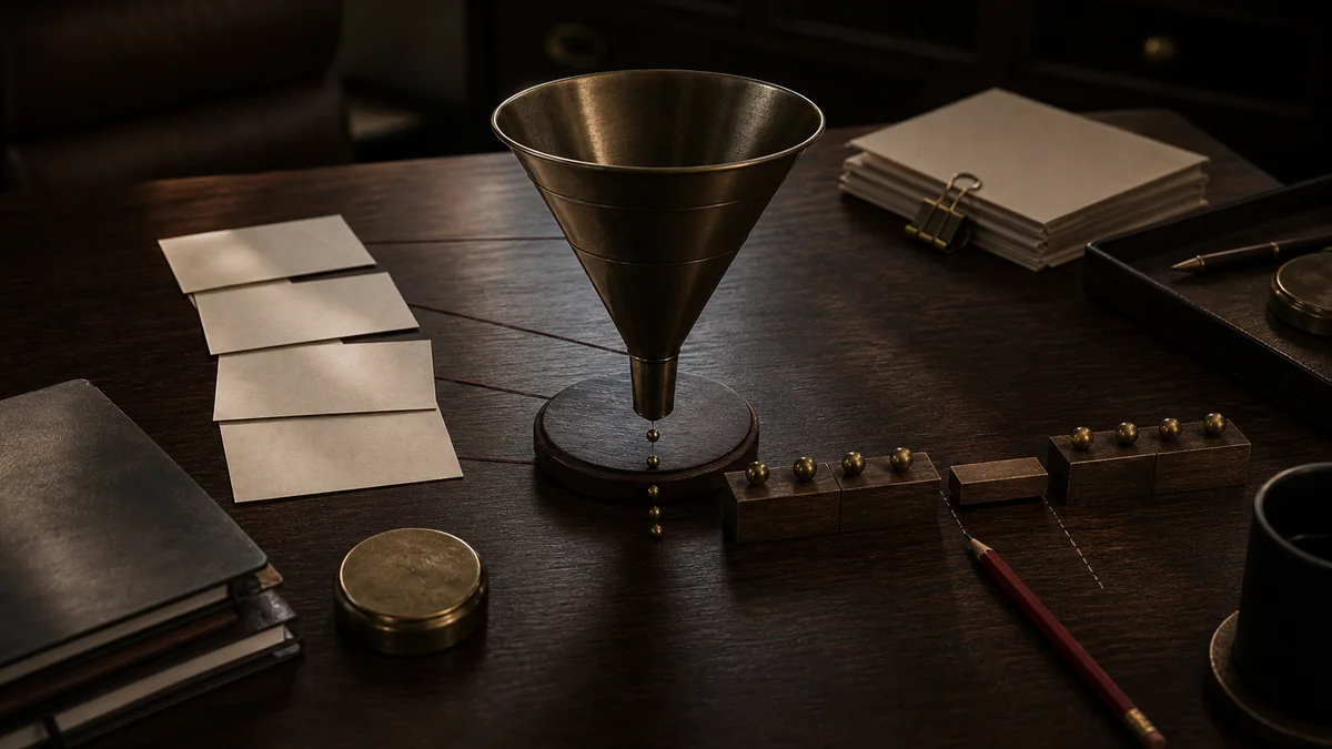 Dark desk scene with a funnel, blank slips, and a missing bridge before the buyer path continues.