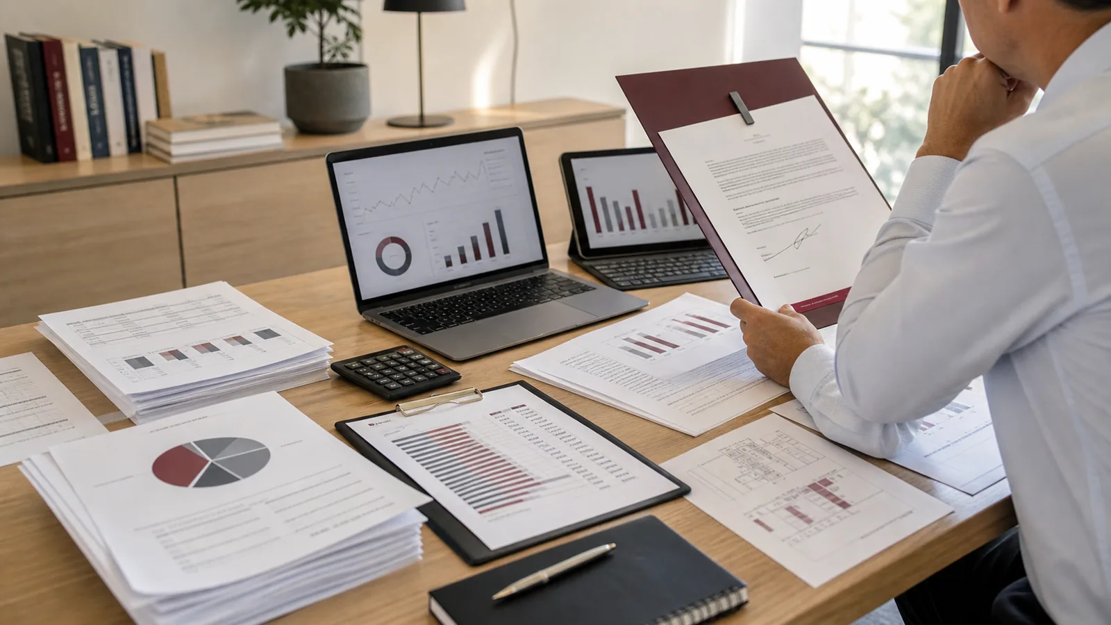 Business owner reviewing a large contract, cash dashboards, receivables, payroll papers, and vendor bills before cash arrives.