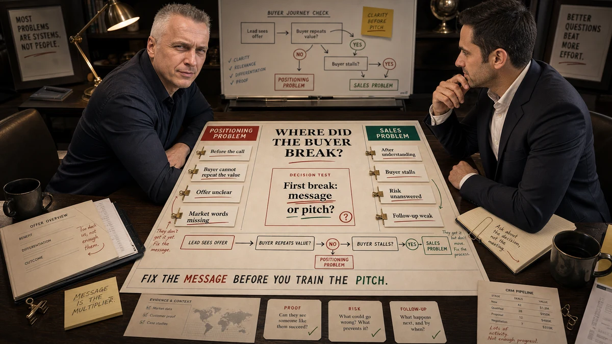 Premium bright split business review board comparing sales problem and positioning problem, with buyer language, first buyer break, proof, follow-up, and message clarity clearly marked.