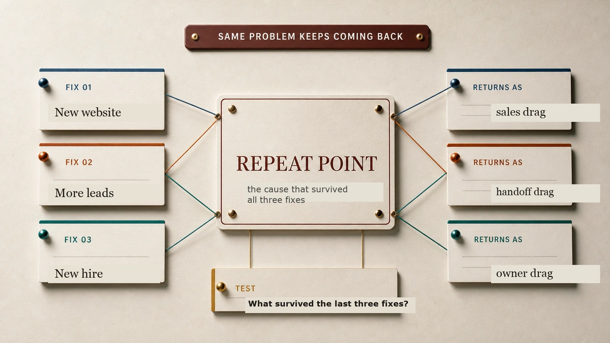 Premium business review desk with three attempted fixes pinned to one recurring business problem, showing the same business cost returning through different labels.