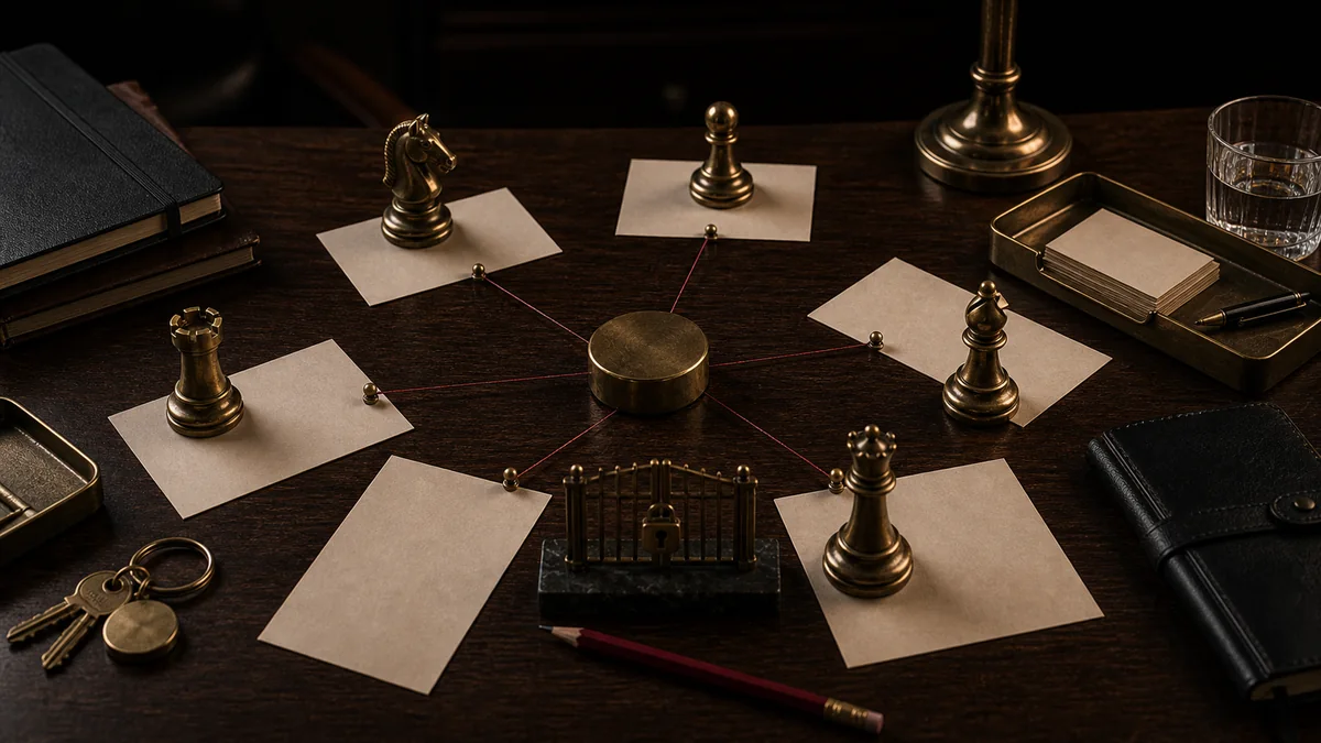 Dark desk scene with chess pieces, route cards, and one central constraint.
