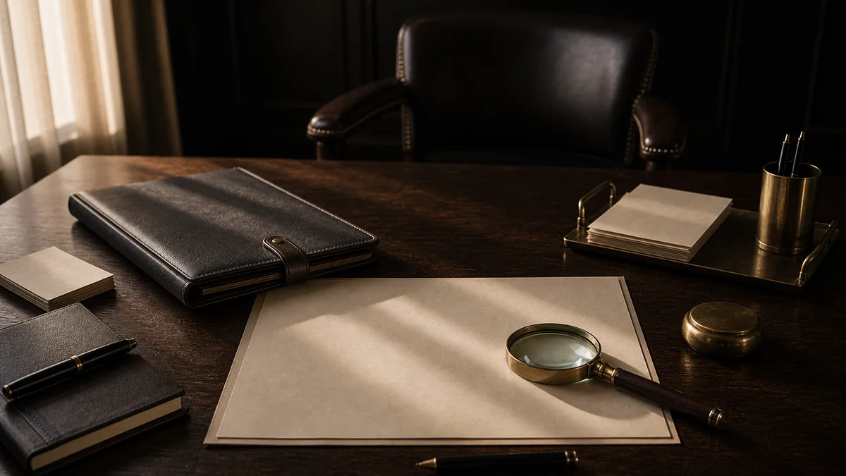 Dark desk scene with an empty chair, closed folder, business problem sheet, and magnifying glass.
