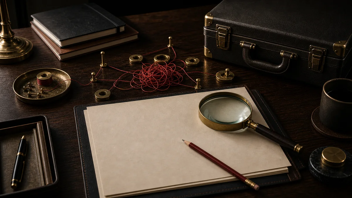 Dark desk scene with a closed tool case, tangled thread, and scope sheet under a magnifying glass.
