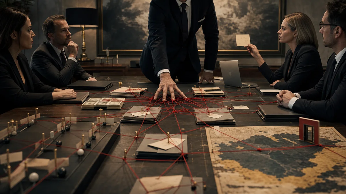 Premium business owner coaching scene with an owner over-controlling the board, stalled team ideas, cold follow-up cards, tangled decision threads, and a market map closing.