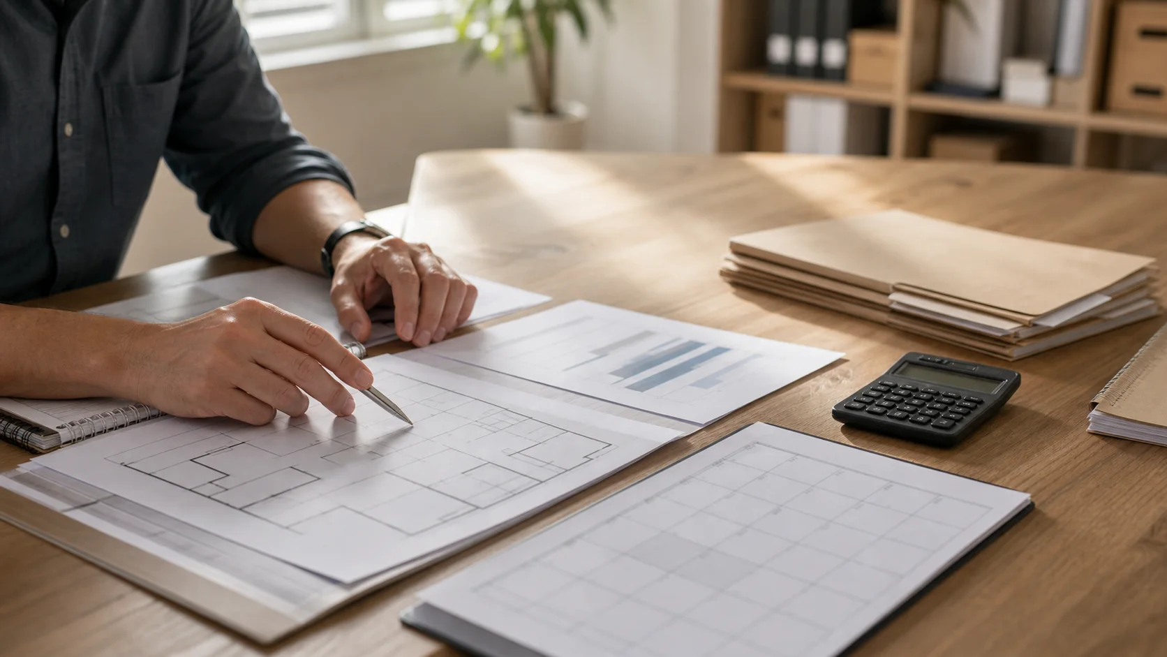 Business owner reviewing expansion plans, cash timing, site plans, hiring notes, and current business data before committing to growth.