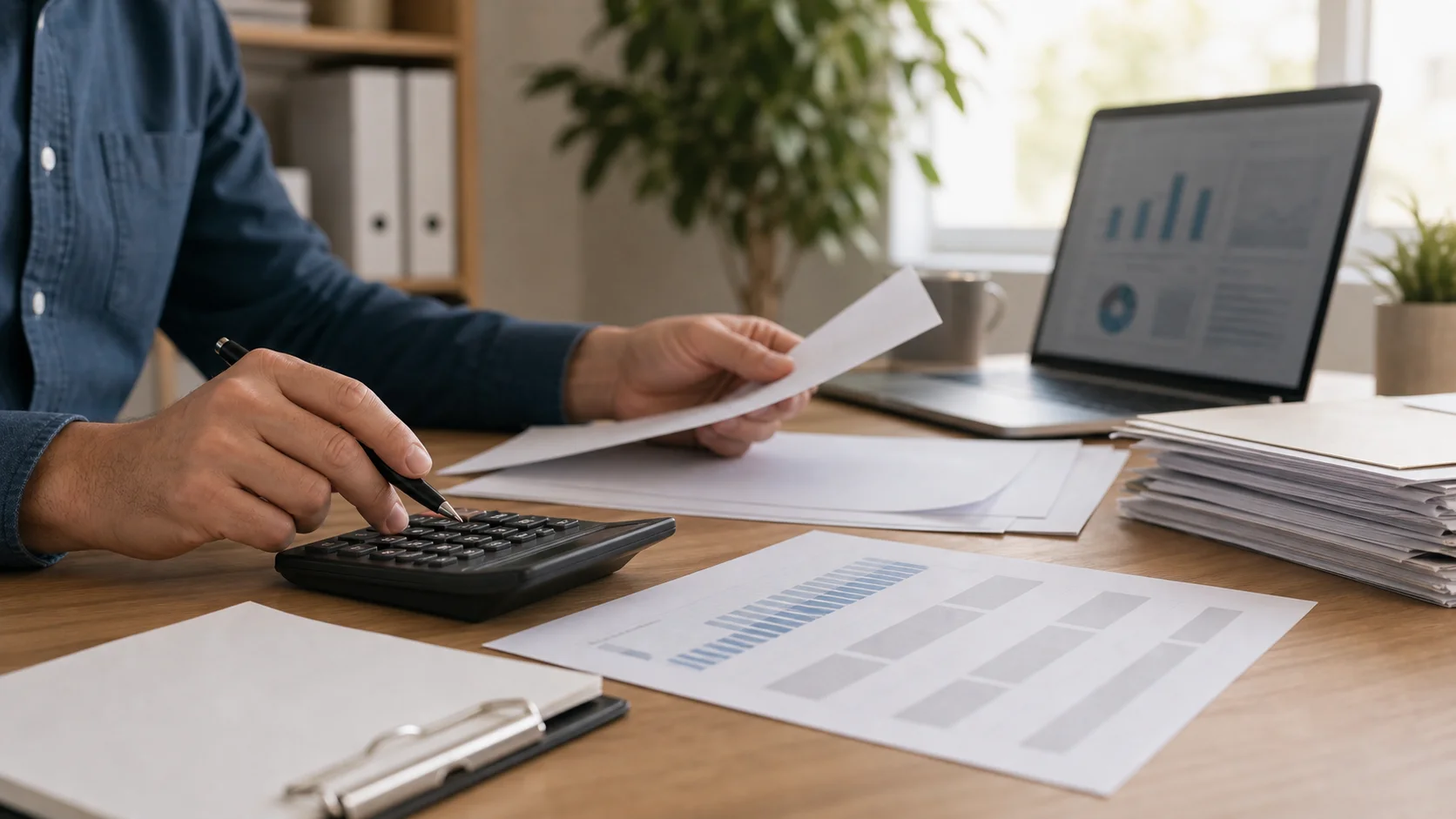 Business owner reviewing supplier invoices, payroll papers, a margin worksheet, a laptop cost chart, and calculator before changing prices.