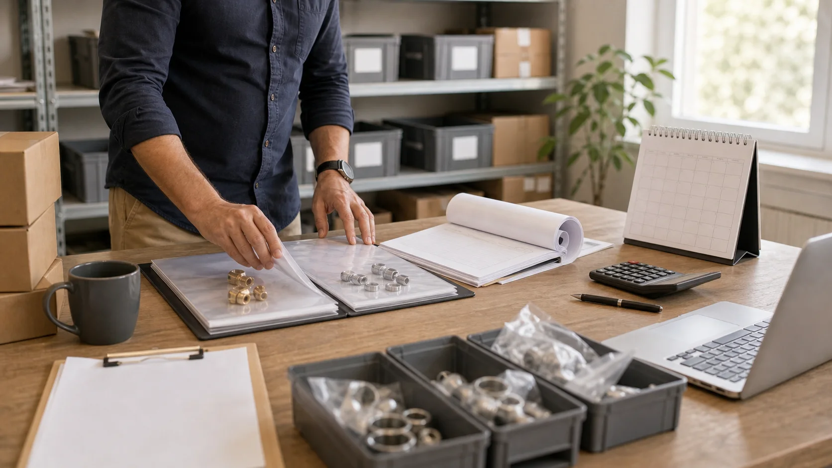 Business owner reviewing supplier delay, inventory bins, purchase orders, delivery timeline, calendar, and calculator in a small operations office.