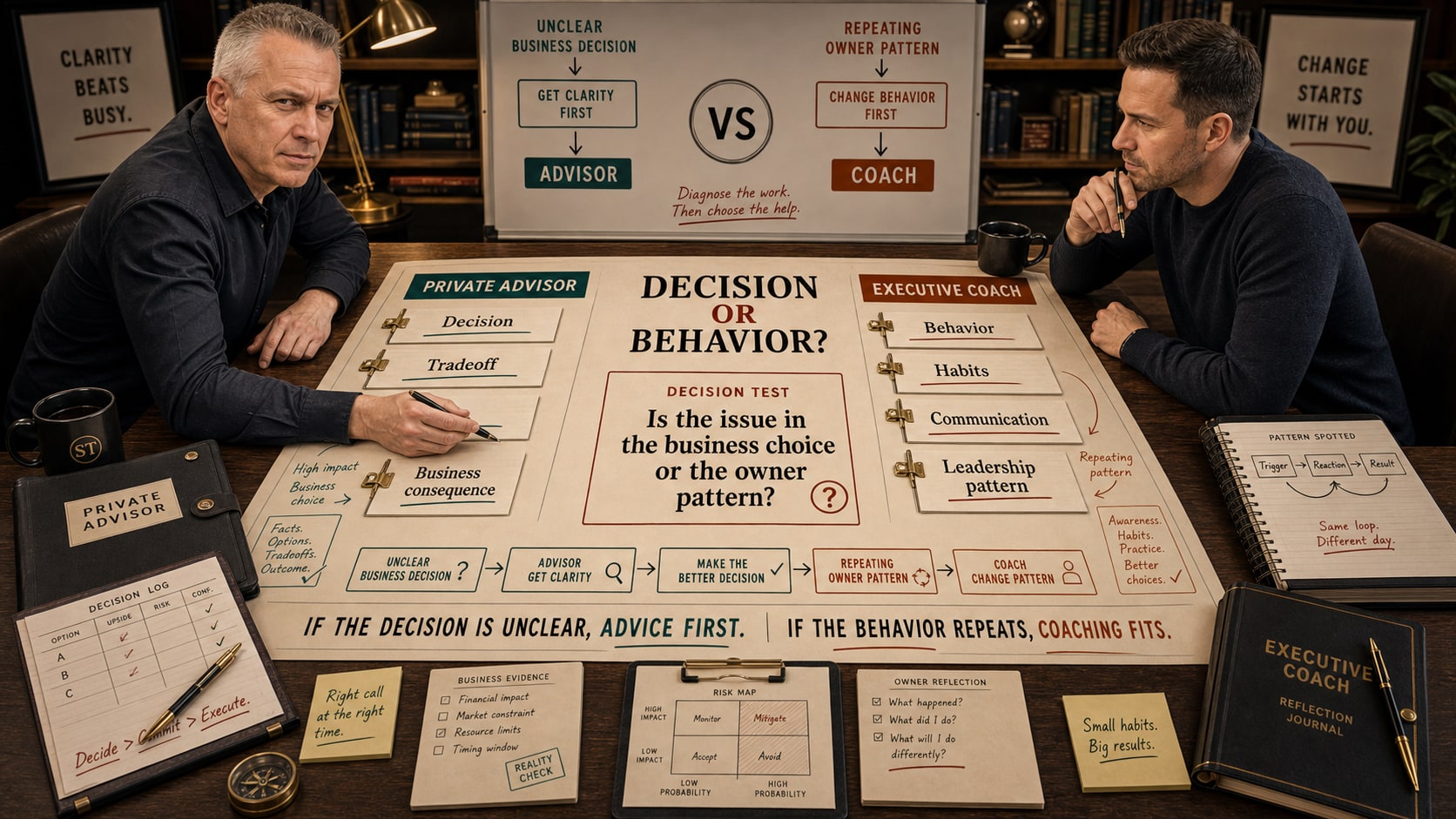A coaching notebook and mirror beside a live business decision dossier with a red risk mark.