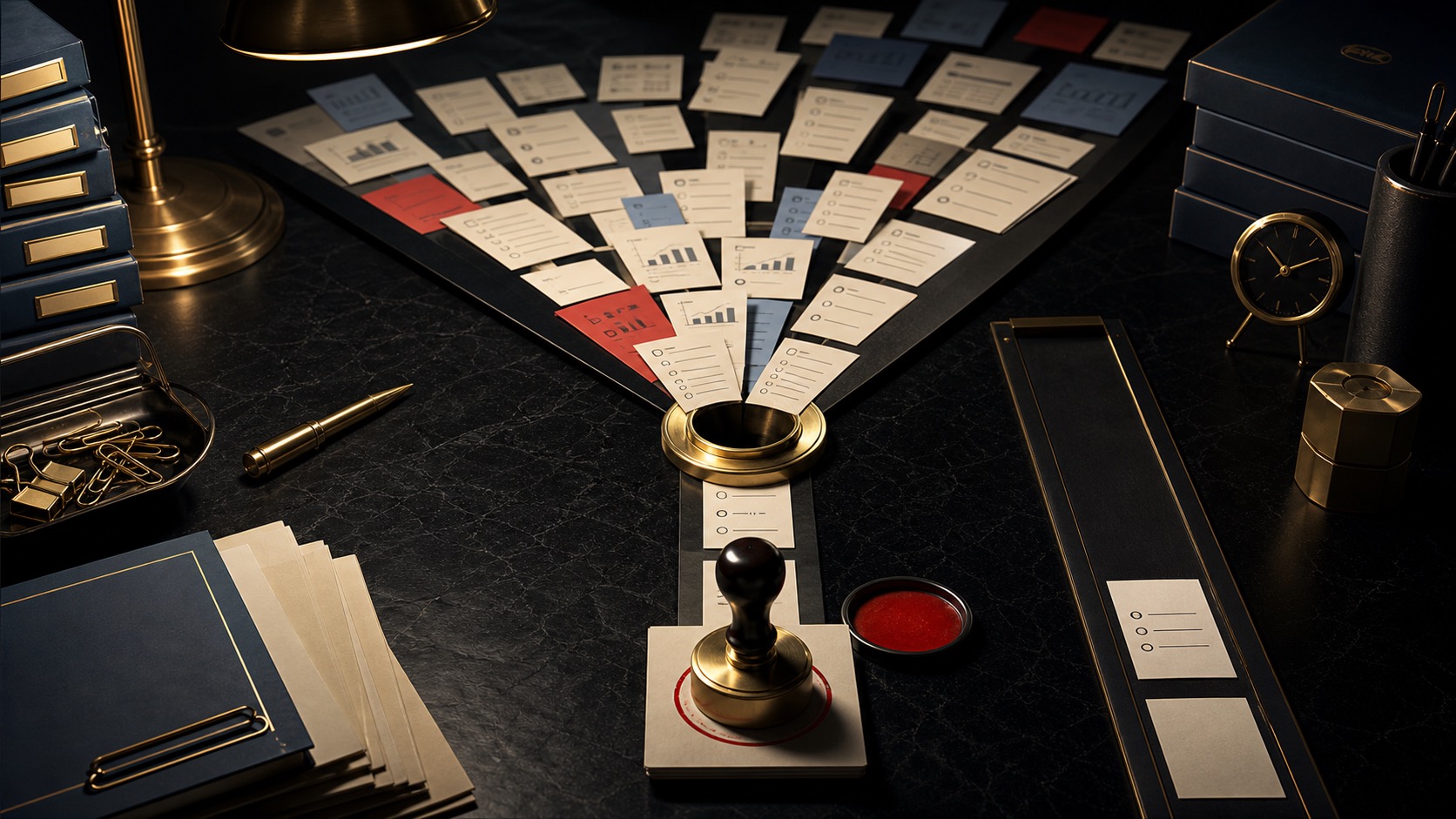 Decision cards funneling through one approval point on a founder dependency desk.