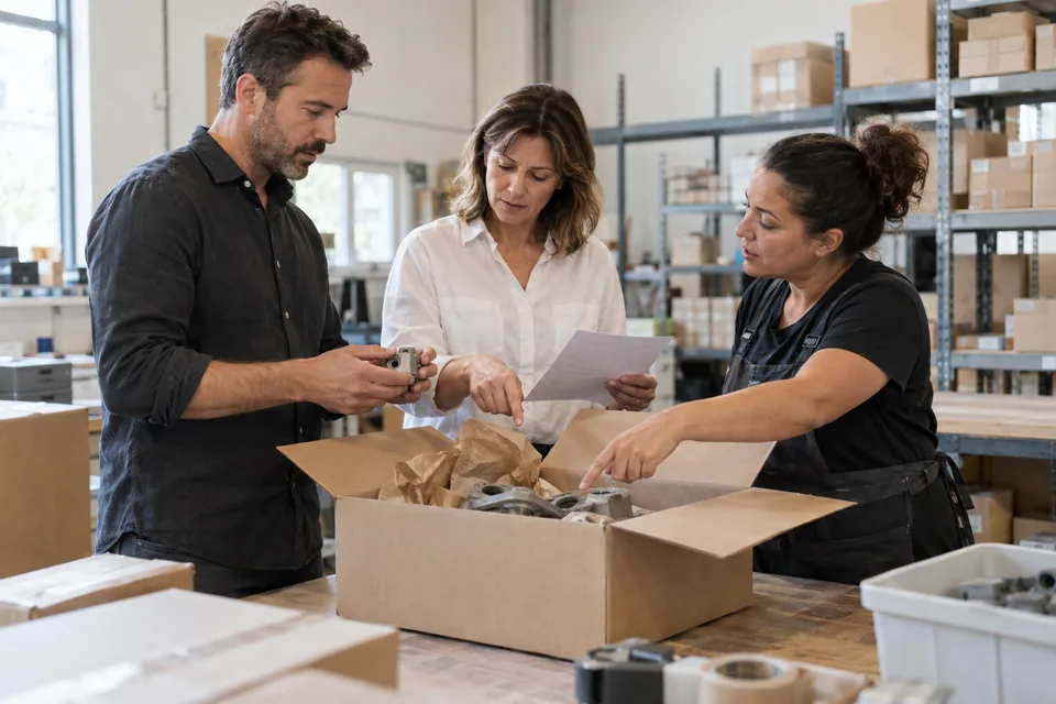 Three people examine an order and its components at a warehouse packing station.
