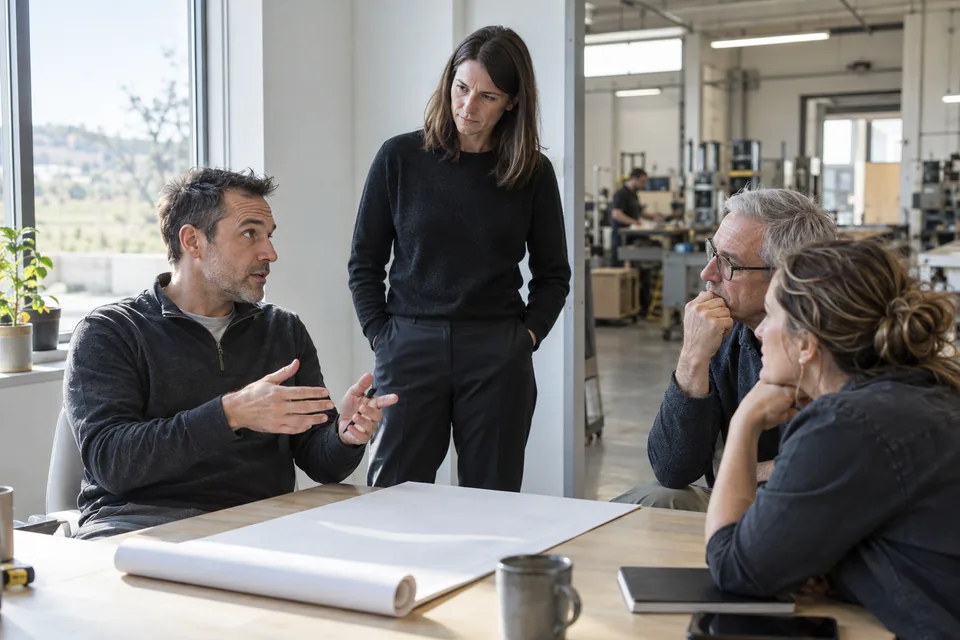 A facilitator listens as a small leadership team discusses work beside a manufacturing area.