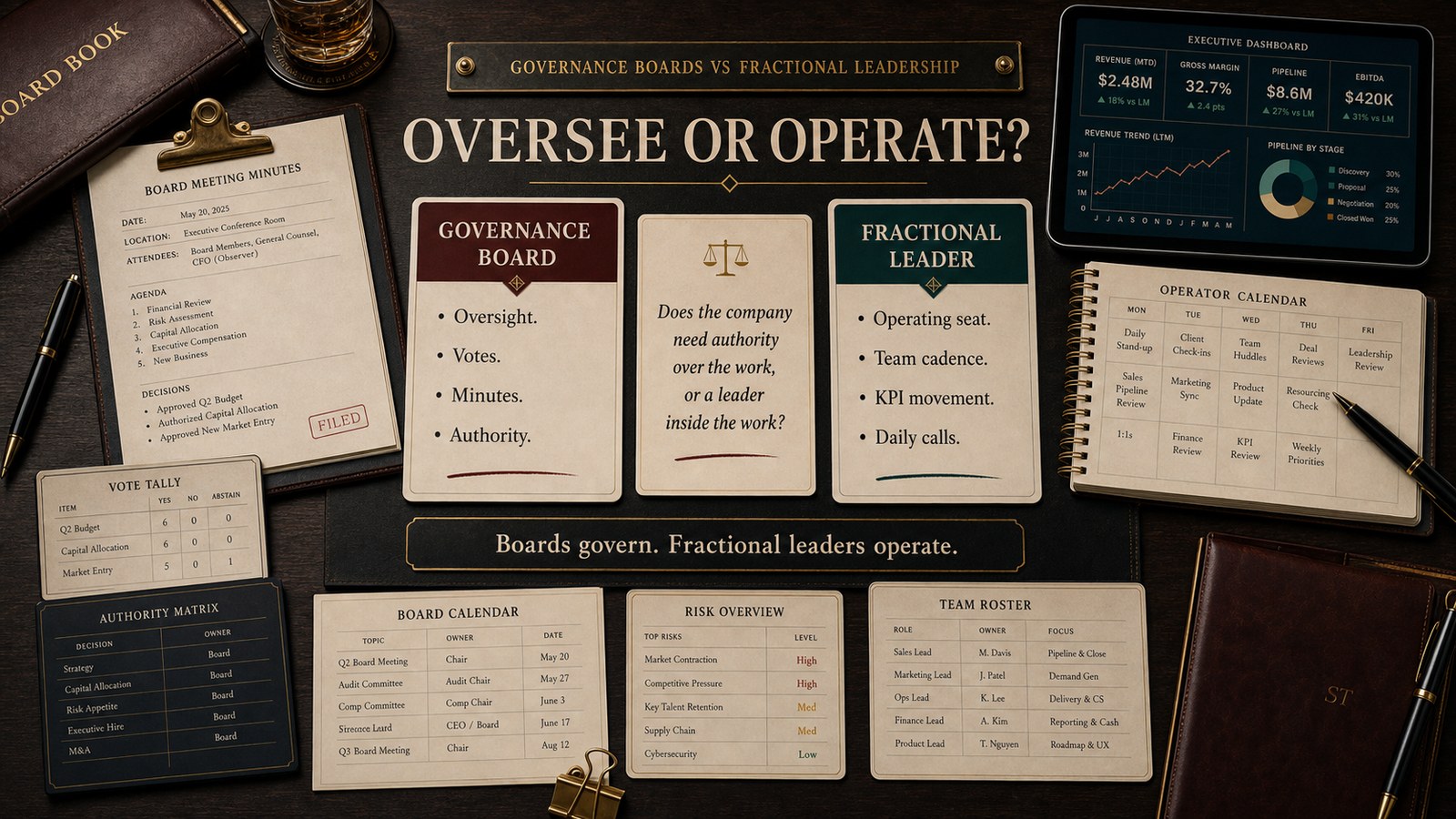 Governance boards vs fractional leadership decision visual