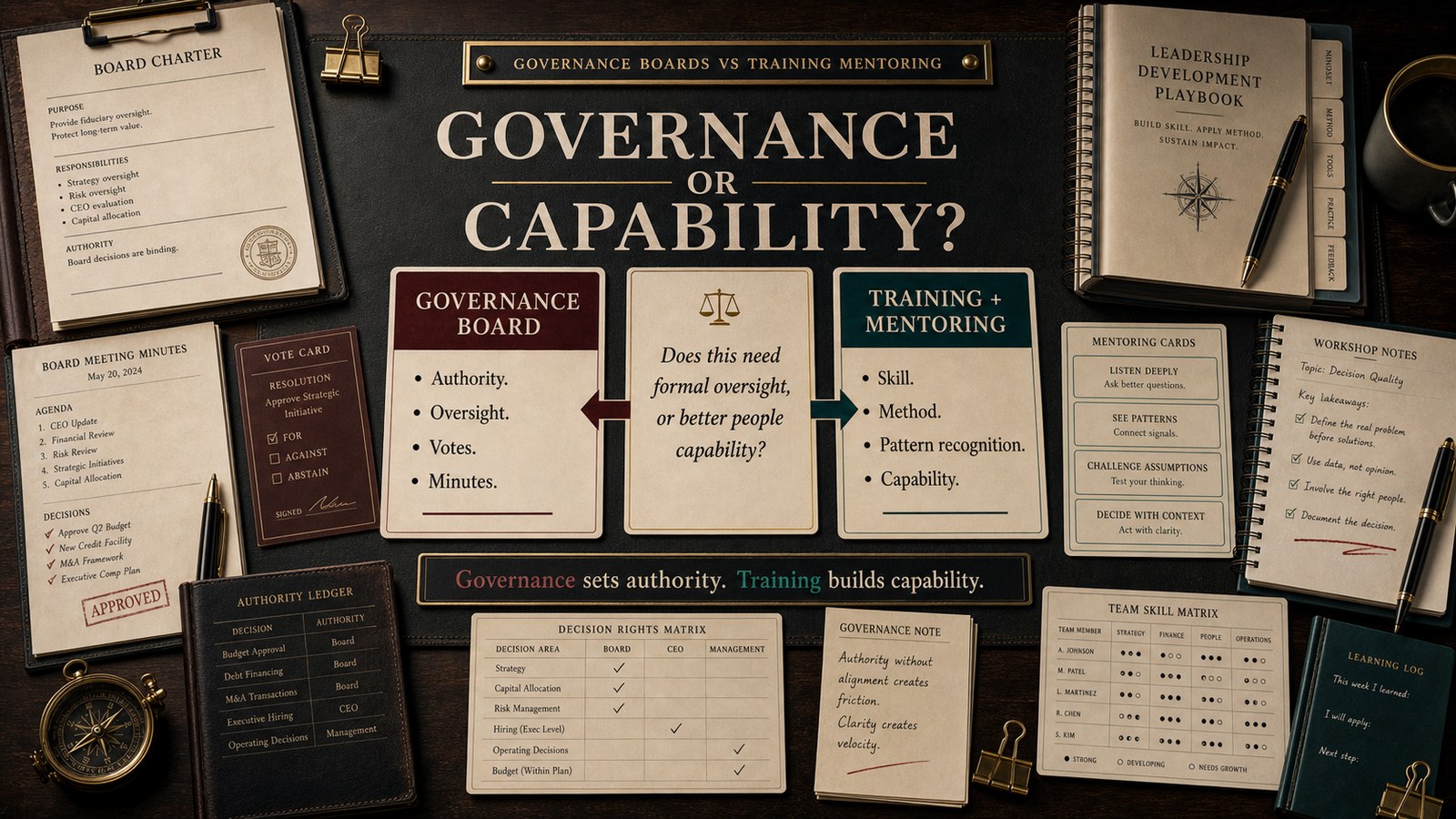 Governance boards vs training mentoring decision visual