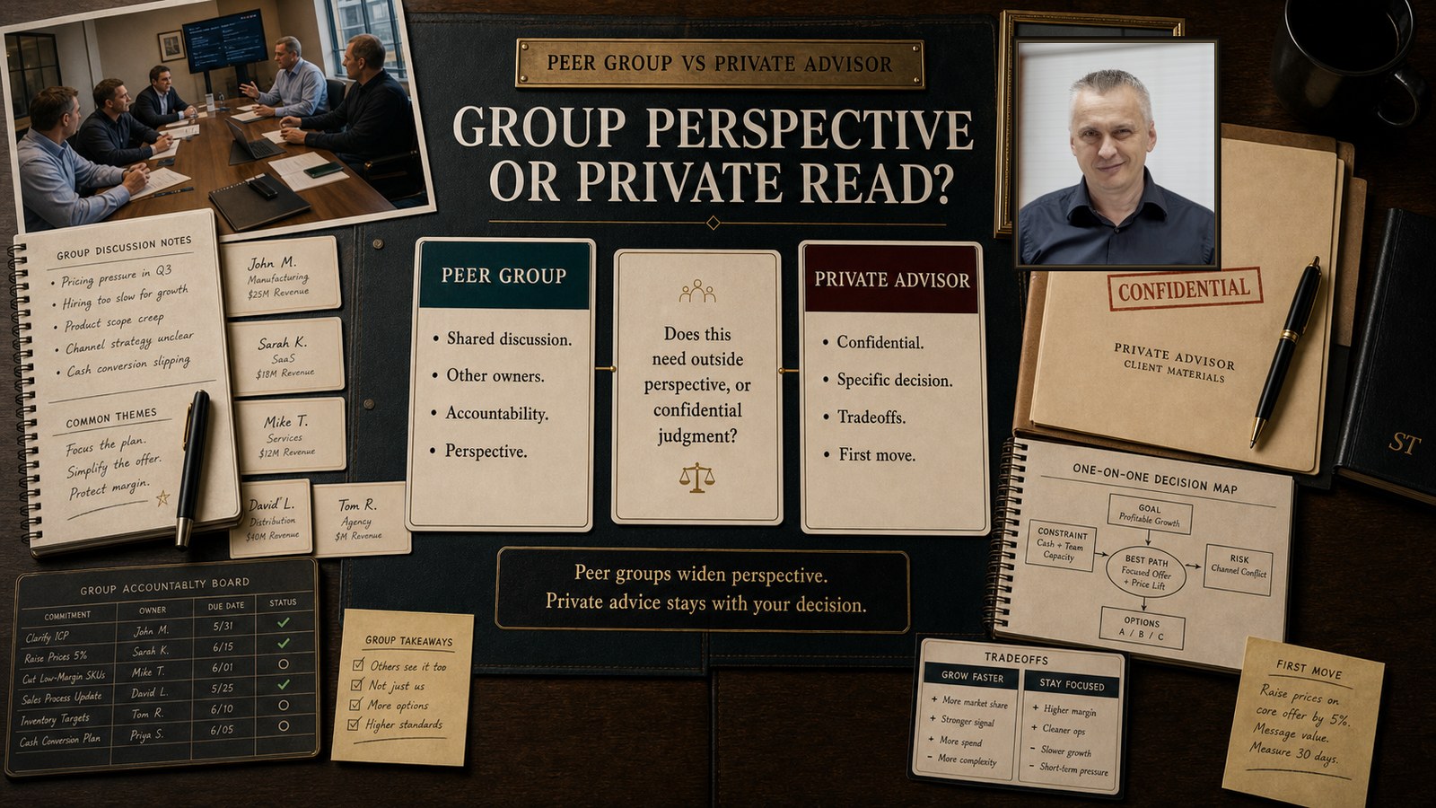 Peer group vs business coach decision visual with real Stan portrait