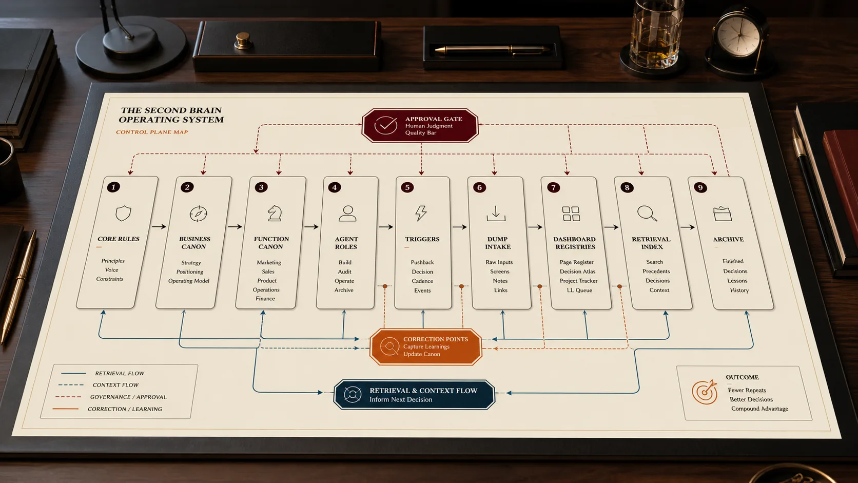 Second brain control plane map with core rules, business canon, function canon, triggers, dashboard registries, retrieval index, archive, approval gates, and correction points.