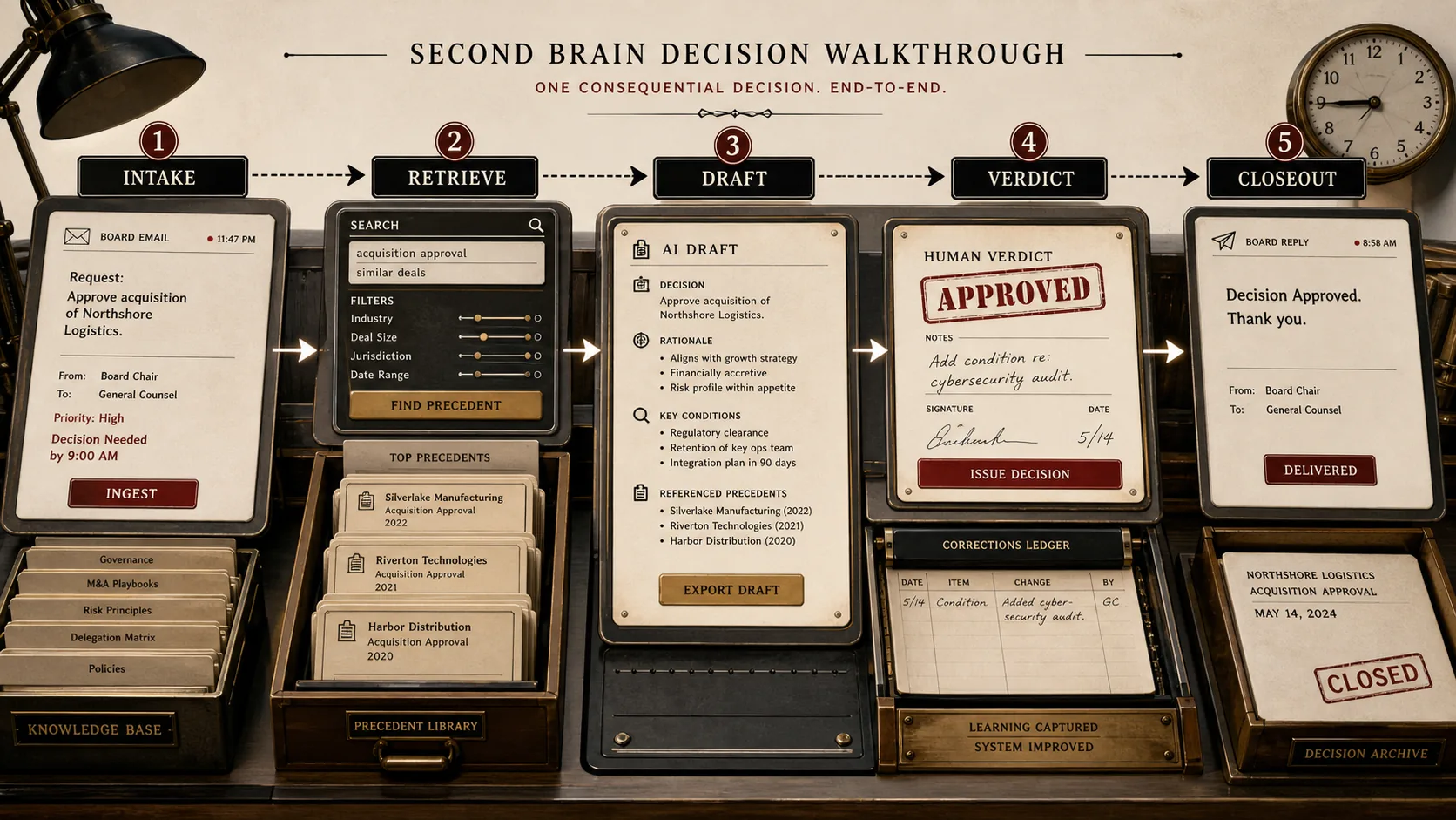 Second brain decision walkthrough showing intake, retrieval, AI draft, human verdict, correction ledger, and closeout archive.