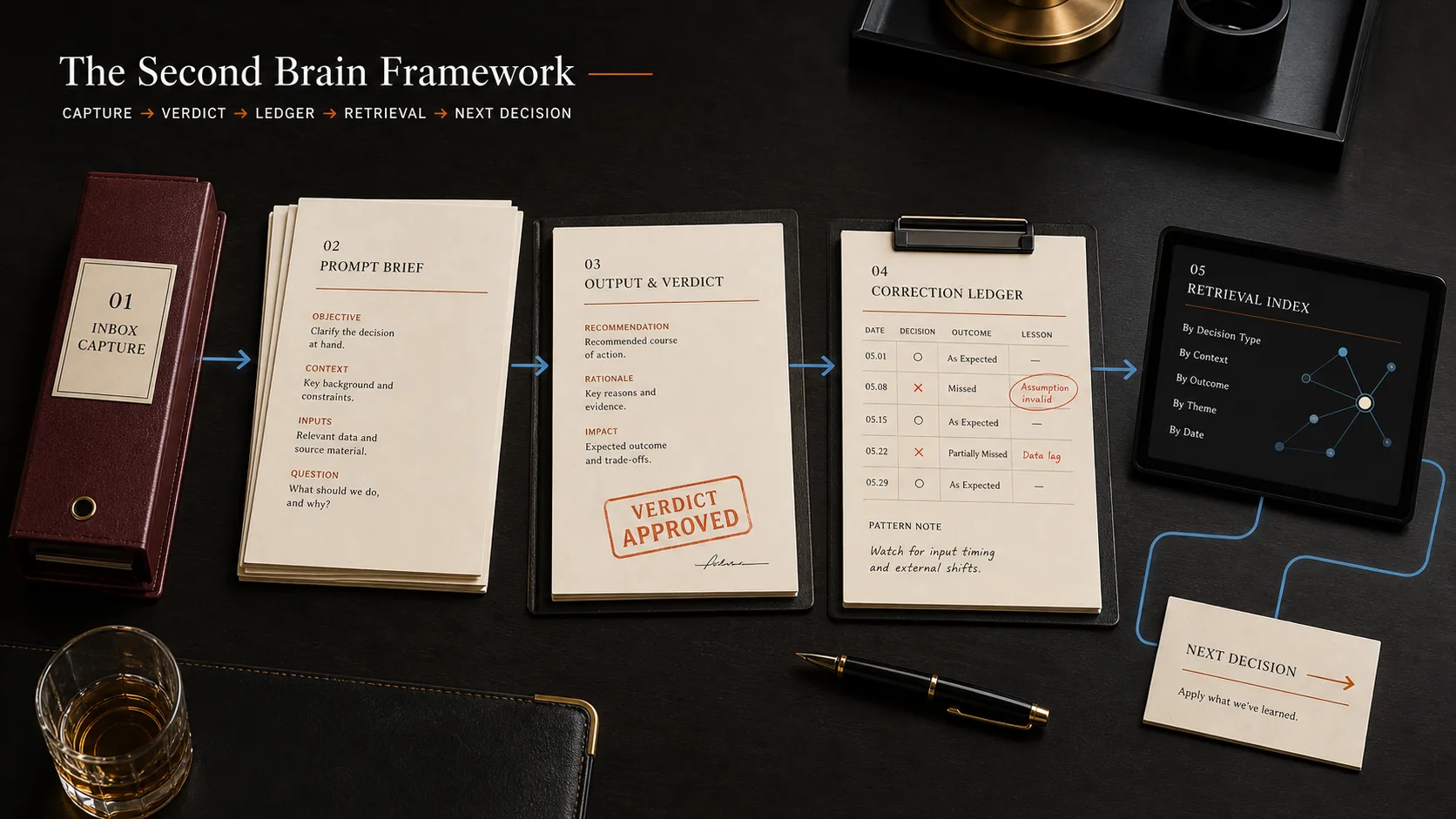 Second brain framework showing capture, prompt brief, verdict, correction ledger, retrieval index, and next decision.
