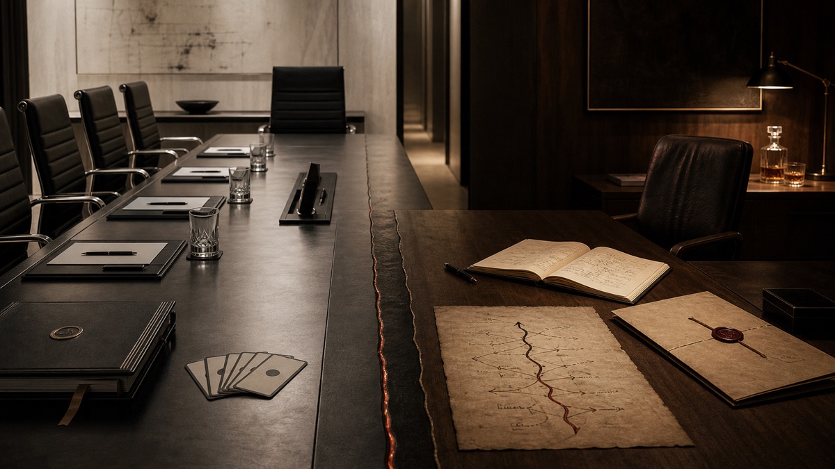 Formal governance setting beside a owner decision desk, showing the choice between board advice and business coaching before the wrong place hardens the question.
