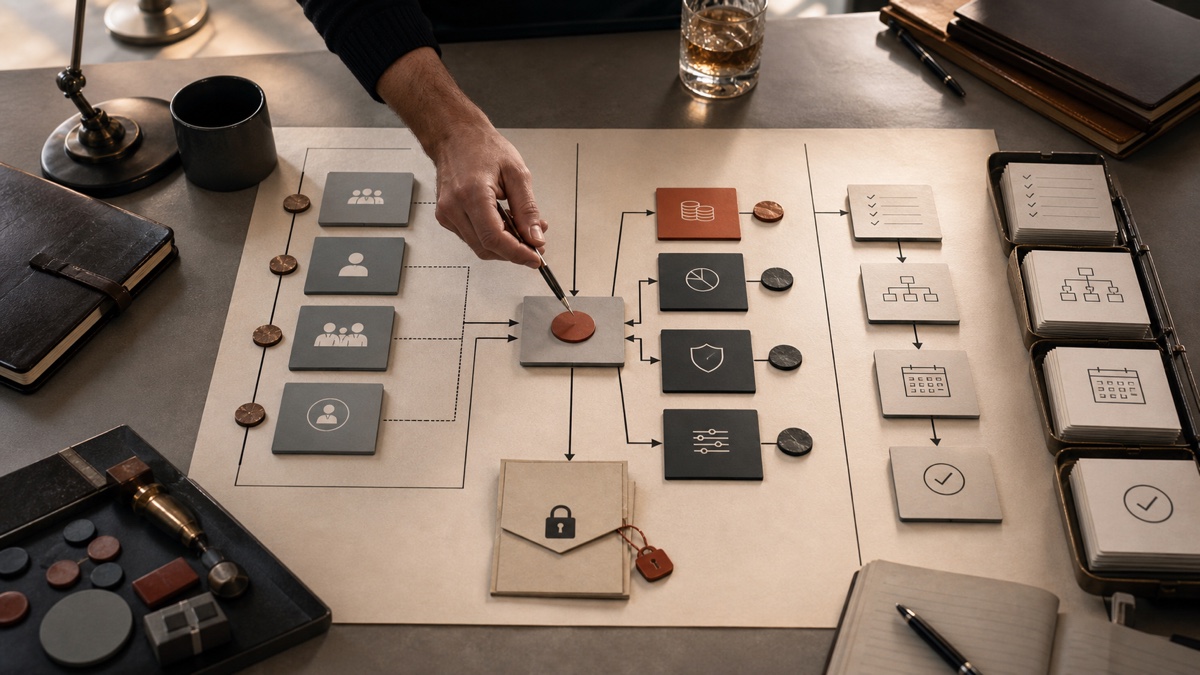 business owner coaching map showing authority, consequence, non-delegable control, and execution waiting behind one owner-level decision.
