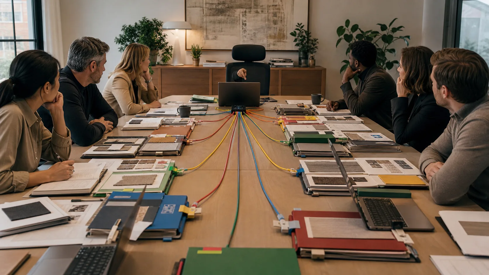 Editorial visual of team workstreams routing back to one owner approval point.