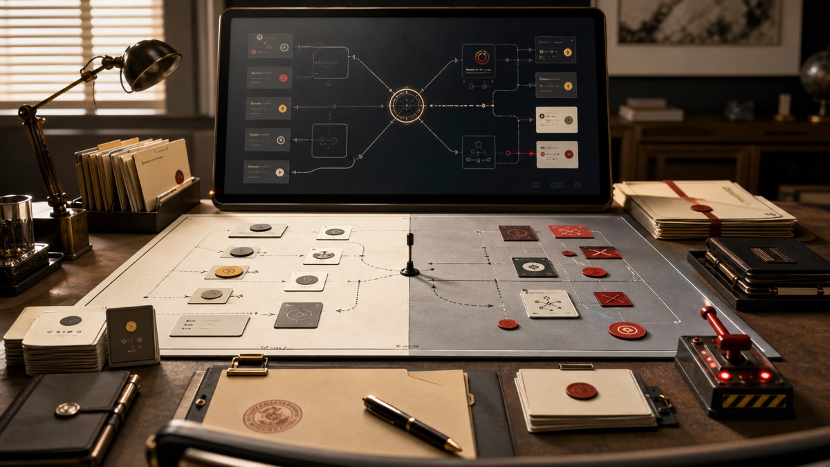 AI decision boundary desk showing reversible work, irreversible owner decisions, approval folders, and a physical stop control beside an AI recommendation screen.