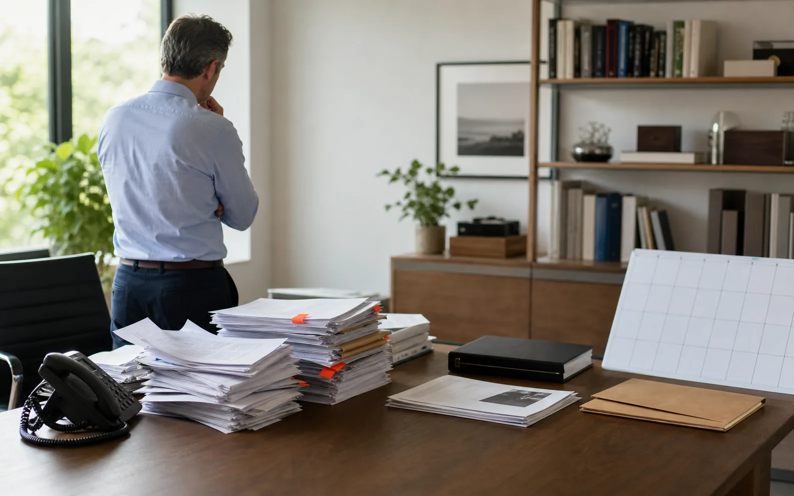 Owner looking at an urgent pile of work while quiet cash, delegation, proof, and planning materials wait before the week starts.