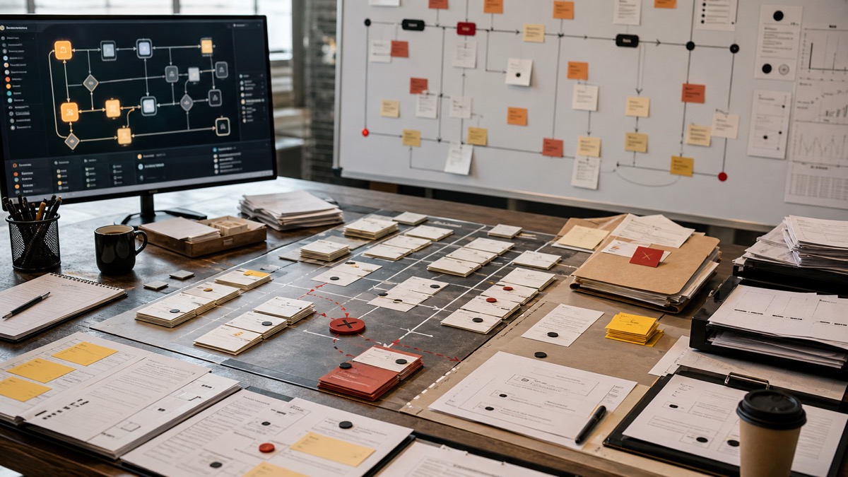 AI agent workflow desk showing duplicated tasks, an approval loop, and an exception folder with no owner while the automation screen keeps running.