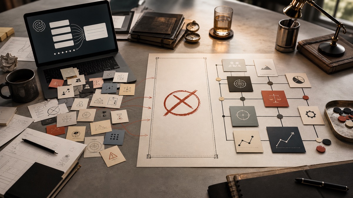AI prompt architecture desk showing fragmented business context, a missing decision frame, and structured context cards before a useful answer can emerge.