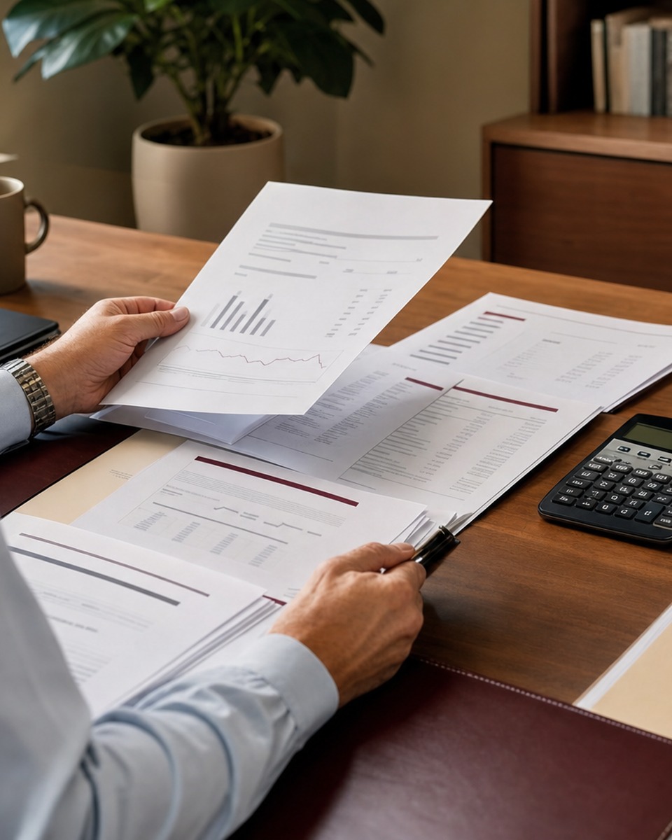 Business owner comparing loan covenant papers, cash forecast pages, invoices, calculator, and lender folder before accepting debt.