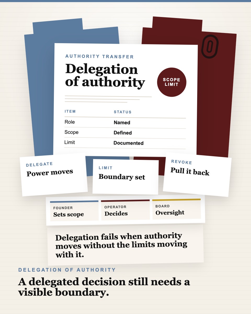 Governance table visual showing a delegation of authority document, role-by-role authority schedule, and revocation note.