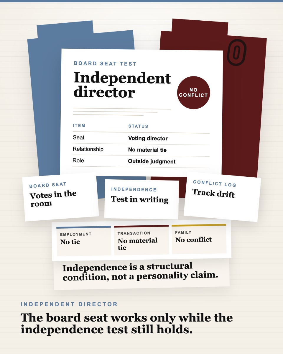 Governance table visual showing a board seat assignment card, independence test checklist, and conflict-of-interest log.