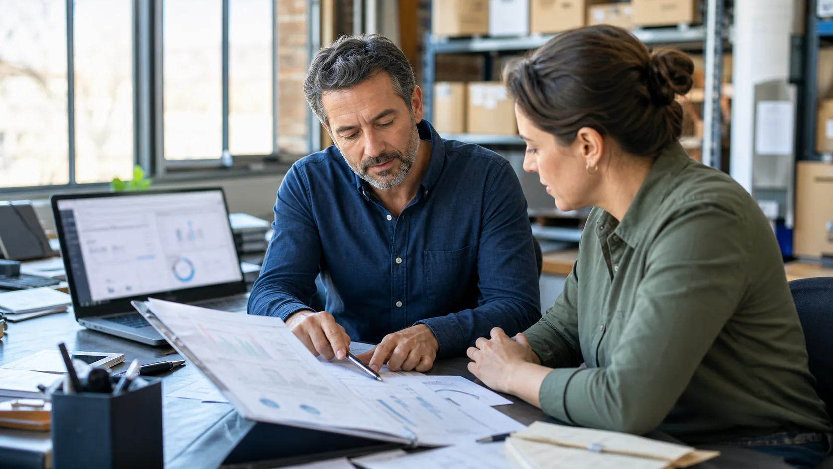 Owner and manager check business targets, measurement, deadlines, and consequence in a working session.