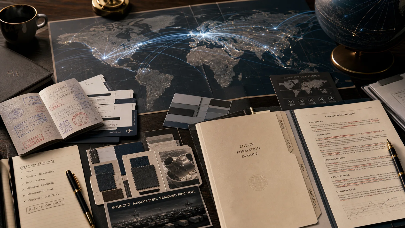 Operating dossier with passport, supplier evaluation, entity files, commercial agreement, and decision notes