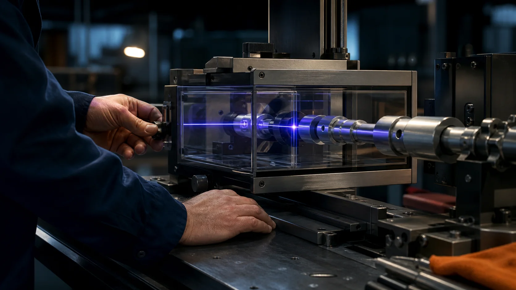 Operator measuring a precision component inside a glass optical inspection station as a blue-violet signal becomes visible