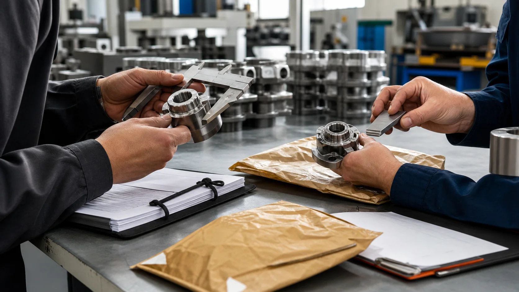 Hands comparing precision components with calipers beside bounded contract and shipping materials in an industrial workspace