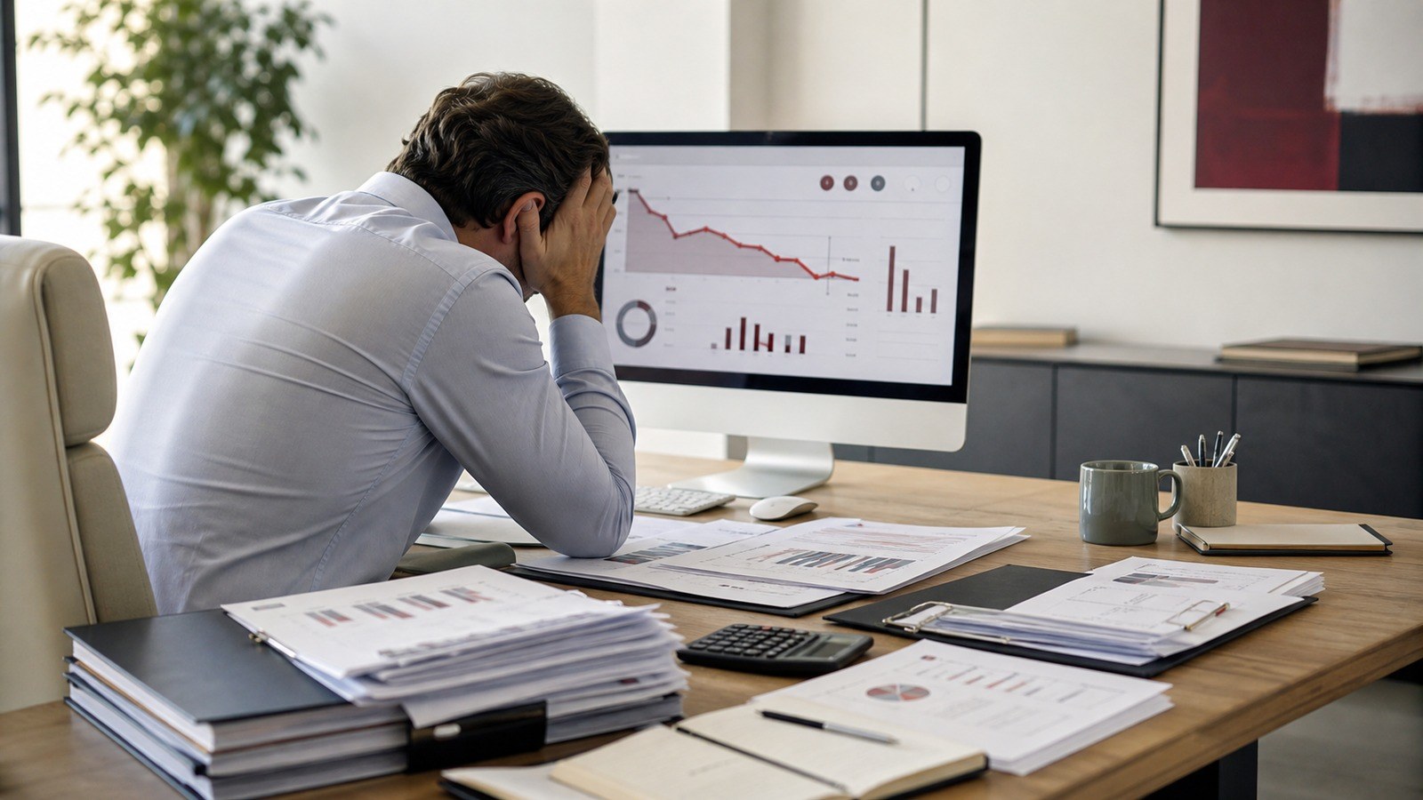 Business owner facing a cash dashboard, contract folders, invoices, payroll papers, and expense reports.