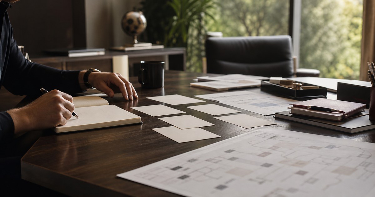 Owner sorting blank business problem cards, cash papers, team capacity notes, and operating maps.