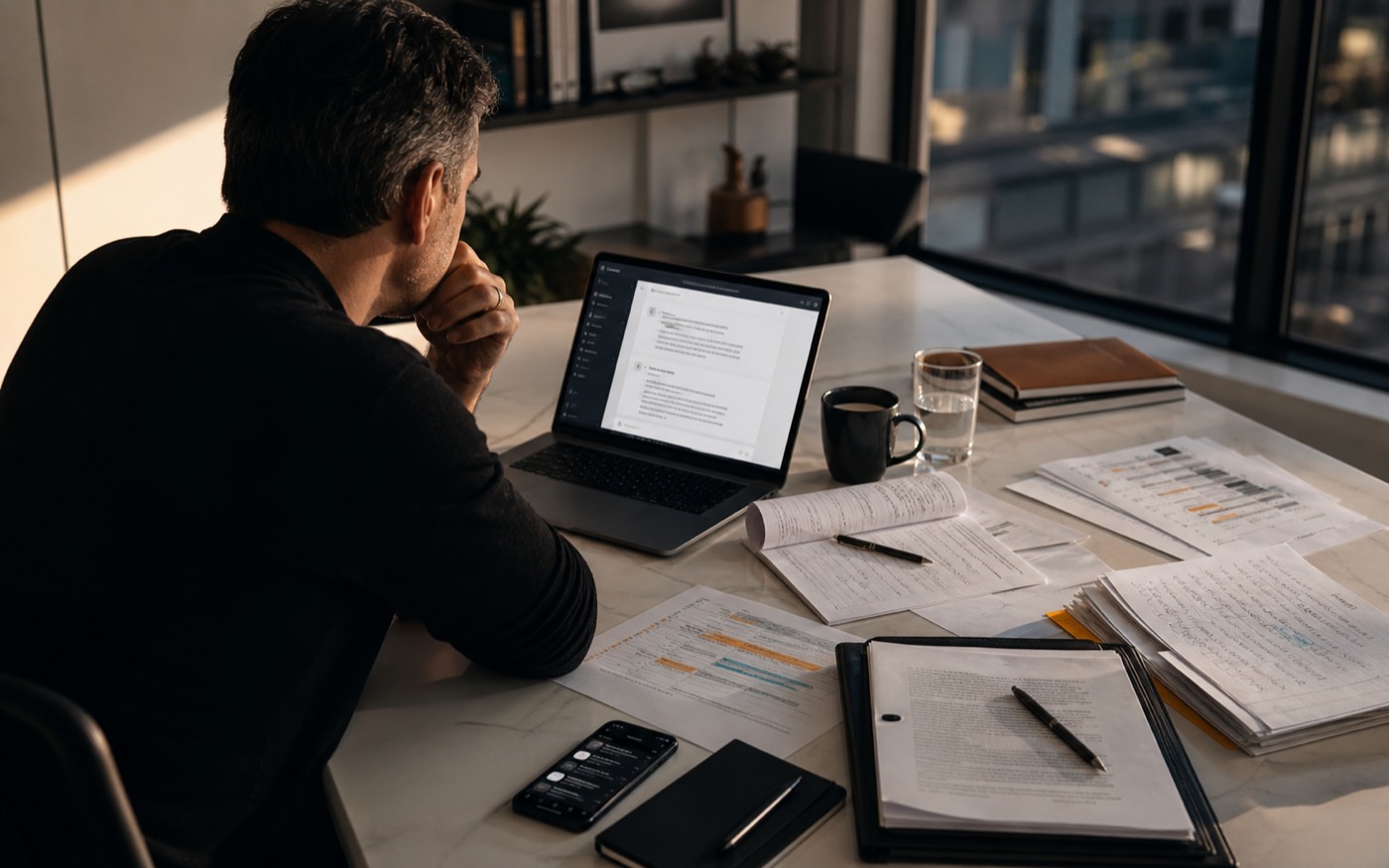 Business owner checking a polished AI answer while cash, team, pricing, contract, and customer-pressure papers show the unresolved business context.