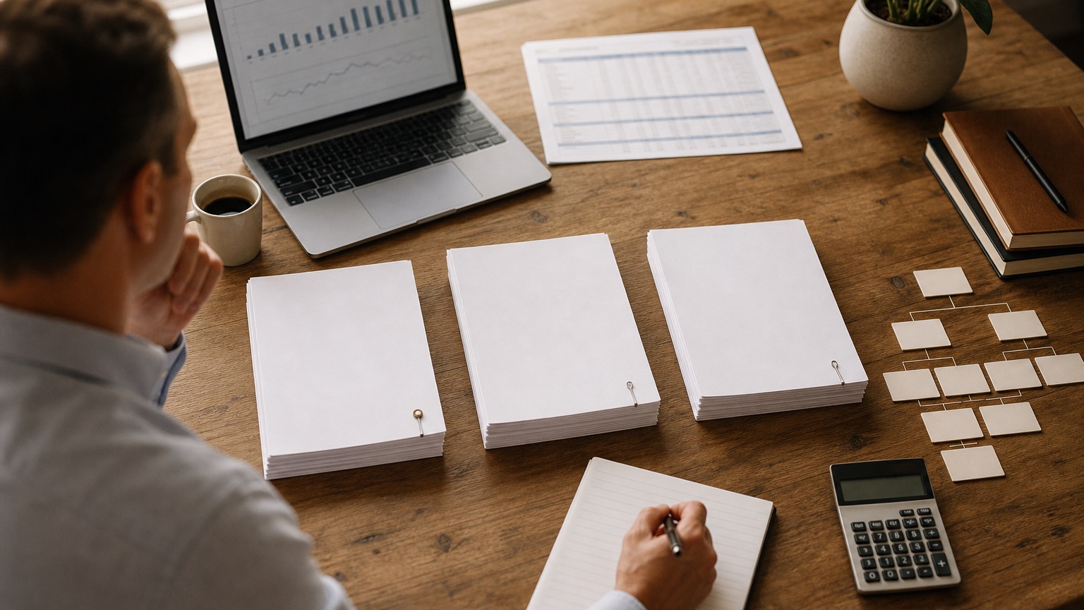 Business owner comparing three blank funding documents, a cash forecast, calculator, and ownership map before accepting capital.