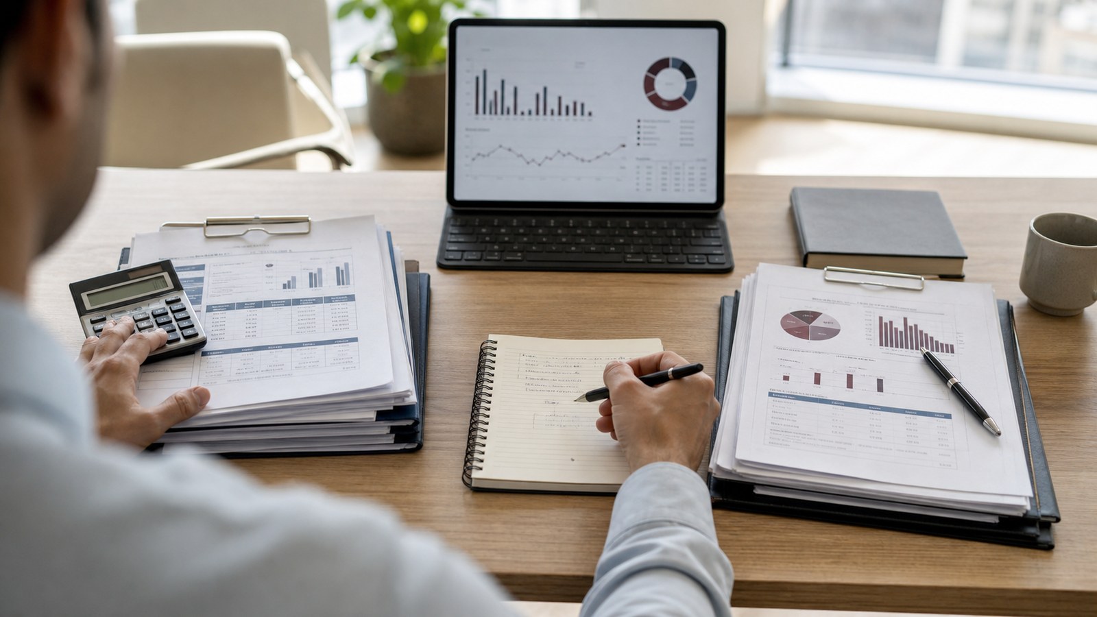 Business owner comparing loan repayment papers, equity documents, calculator, and capital dashboards before choosing financing.